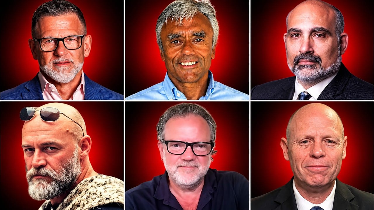 Six headshots in a grid against red backgrounds: Mark Attwood, Rich, Tom Luongo, Steven Kuhn, EM Burlingame and Blaine Holt. No title card.