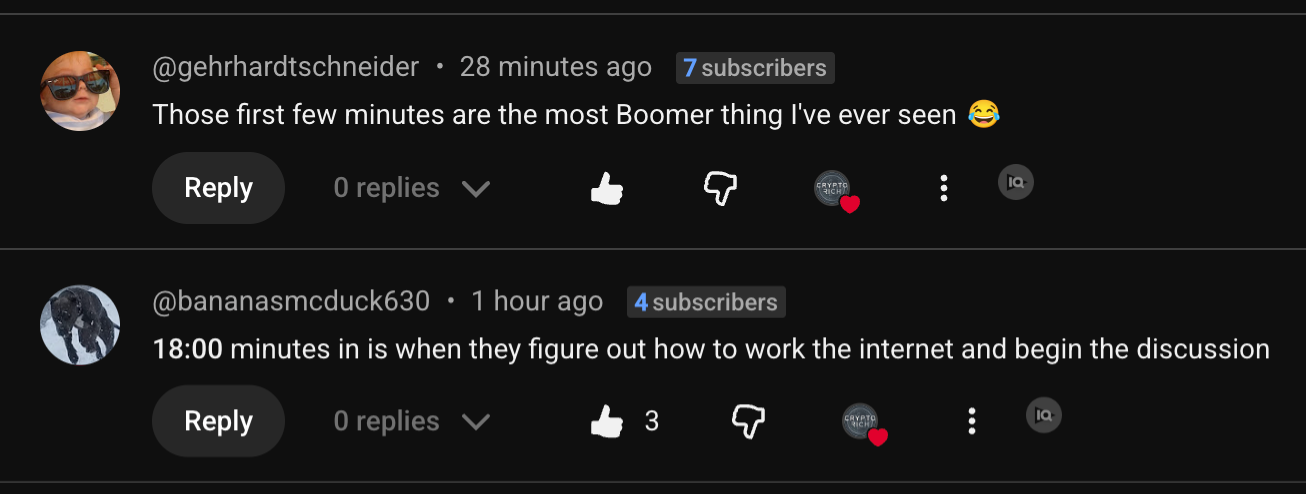 Two YouTube comments on the Round Table upload: “Those first few minutes are the most Boomer thing I've ever seen” and “18:00 minutes in is when they figure out how to work the internet and begin the discussion”