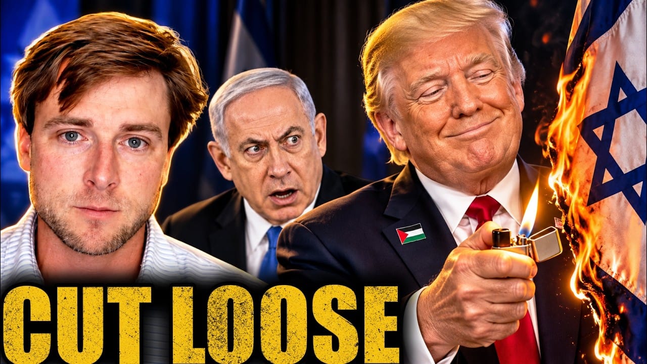 Ghost of Badlands Media on the left; behind him a startled Netanyahu; on the right a smiling Trump, wearing a Palestinian flag pin, holds a lit lighter to a burning Israeli flag. Title card: CUT LOOSE.