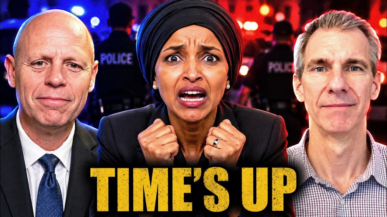 Ilhan Omar, wide-eyed and fists clenched in alarm, between the two guests, with police officers and flashing red and blue lights behind them. Title card: TIME’S UP.