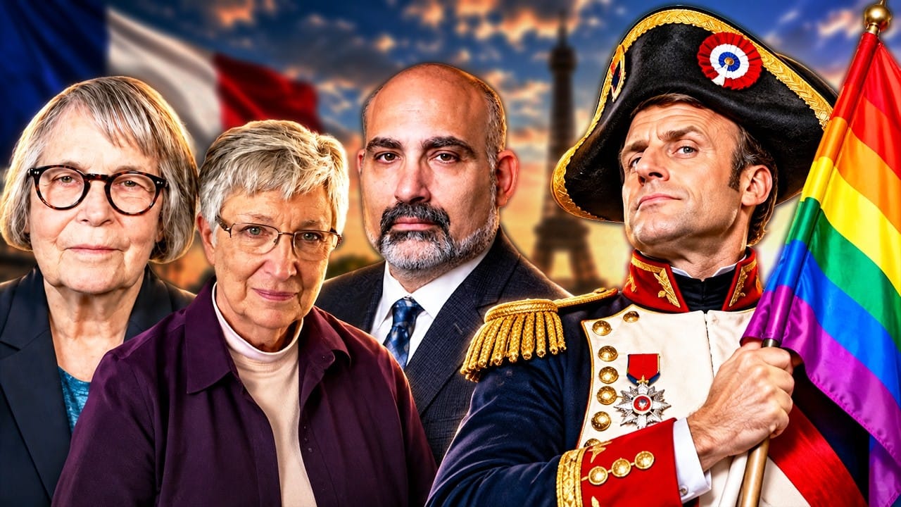 The three guests in front of the French flag and the Eiffel Tower at sunset, beside Macron dressed as Napoleon in a bicorne hat with a tricolour cockade, holding a rainbow flag.