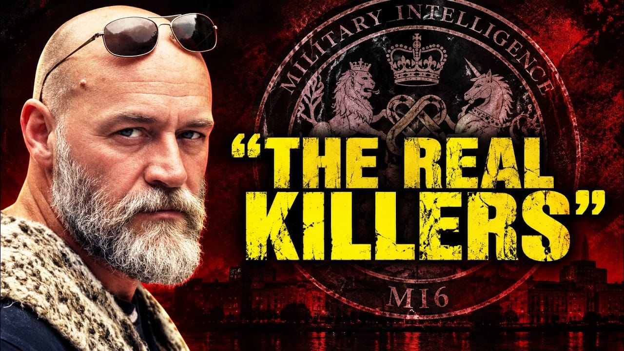 EM Burlingame, bearded with sunglasses pushed up on his head, glaring at the camera in front of a blood-red MI6 crest over the Thames. Title card: THE REAL KILLERS.