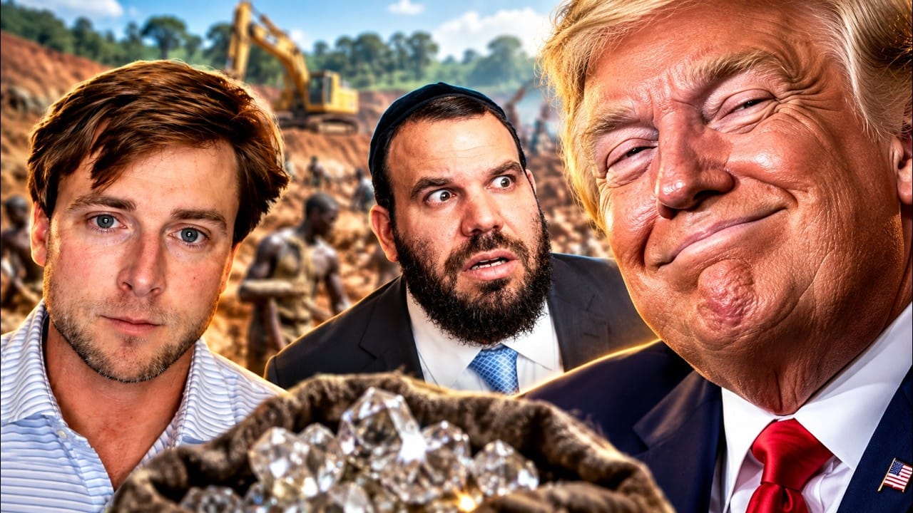 Ghost of Badlands Media and a startled Dan Gertler in a kippah, in front of an open-pit mine with an excavator, beside a smirking Trump; a sack of rough diamonds in the foreground.