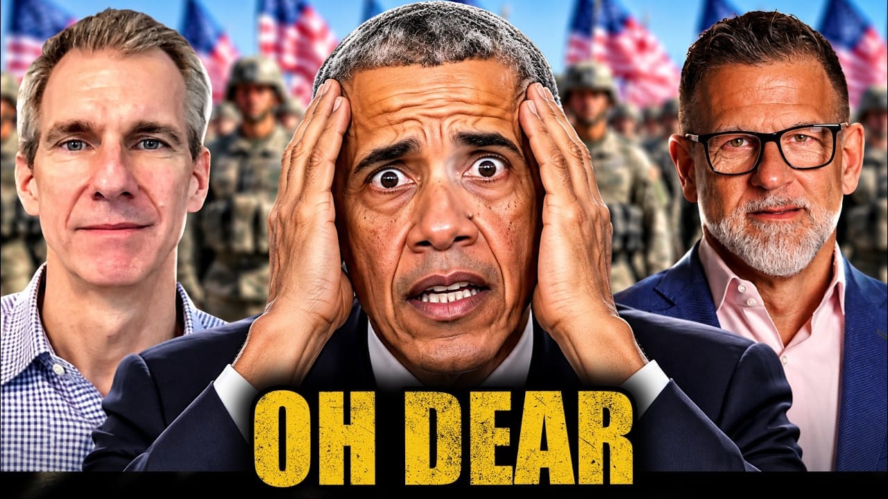 Barack Obama clutching his head in panic between the two guests, with soldiers and American flags behind them. Title card: OH DEAR.