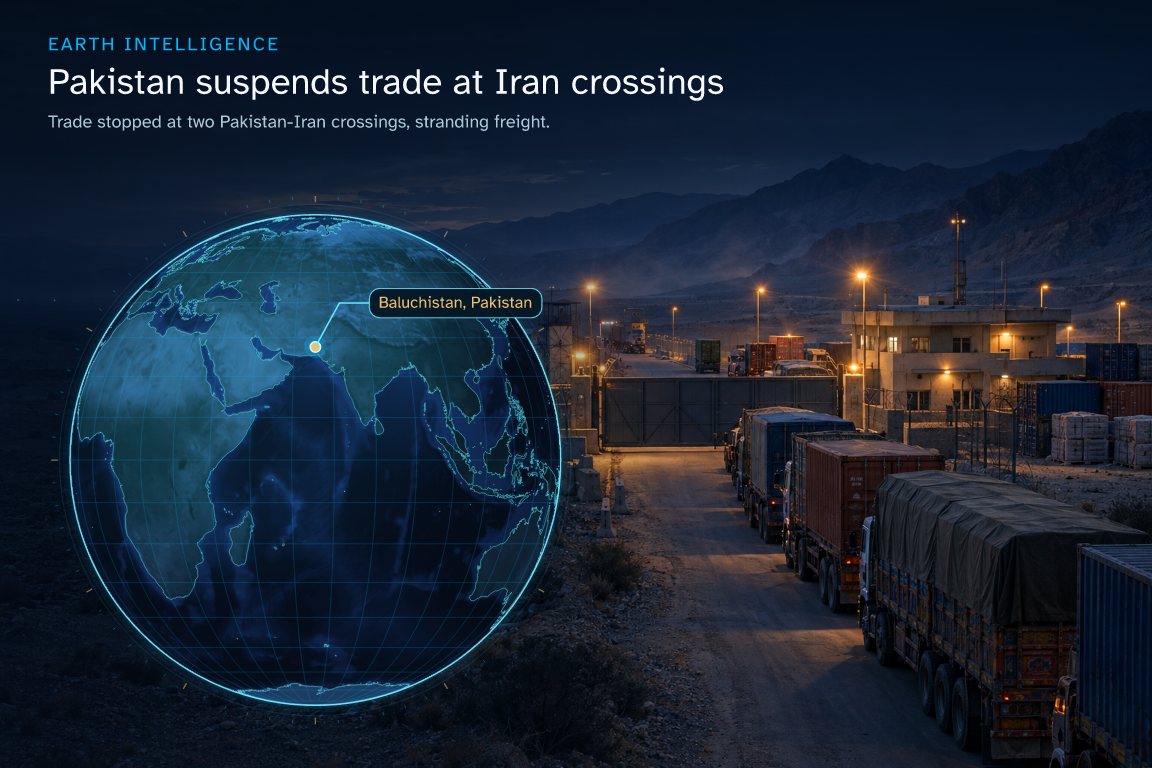 Trade stopped at two Pakistan-Iran crossings, stranding freight. · Geographic illustration: Baluchistan, Pakistan · event location · AI-generated event artwork