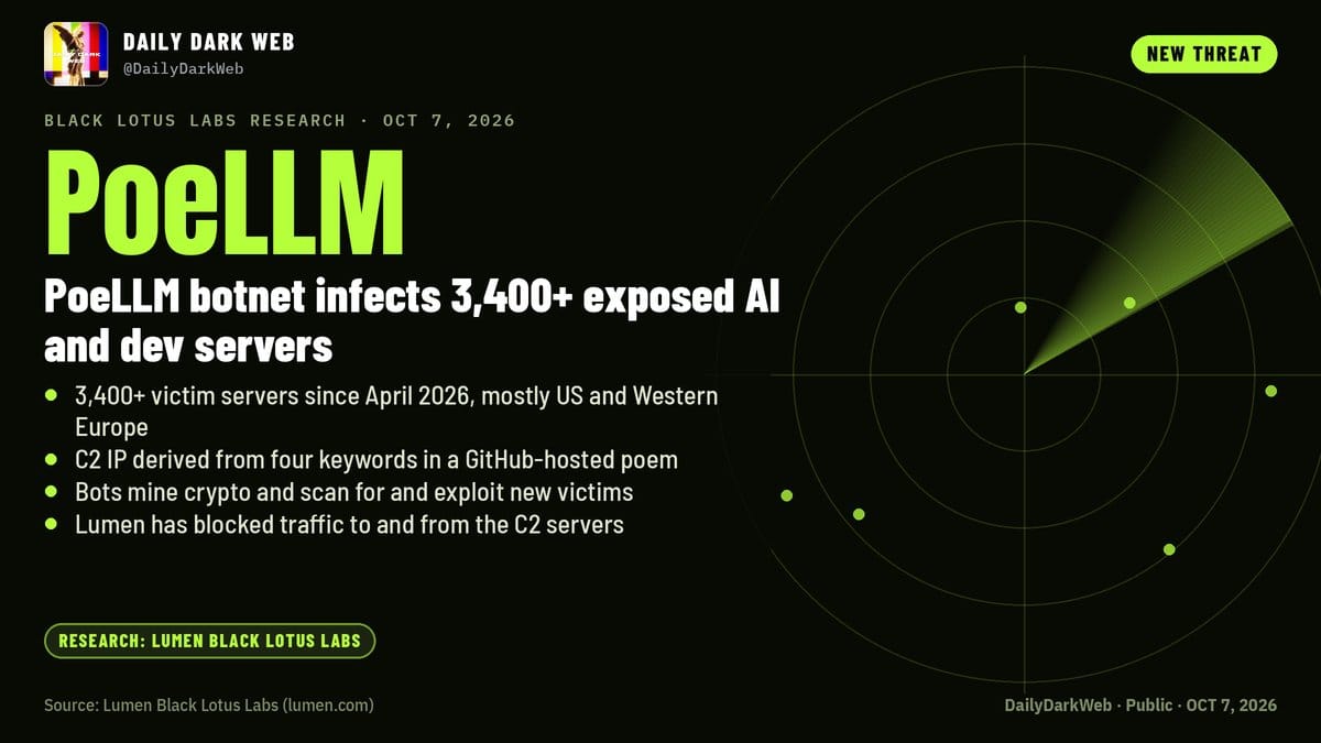 Graphic summarizing PoeLLM botnet details and infection statistics.