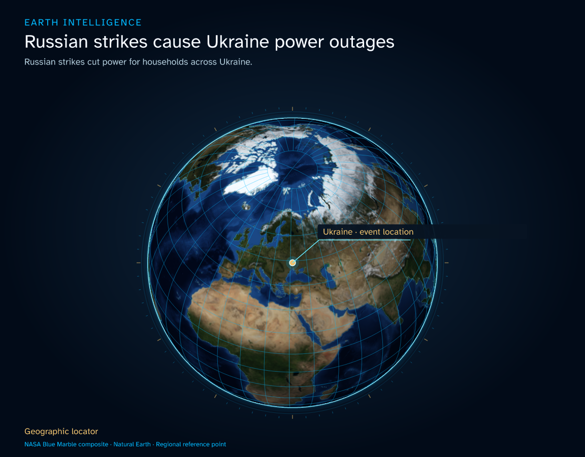 Russian strikes cut power for households across Ukraine. · Geographic illustration: Ukraine · event location