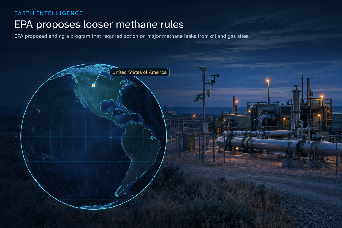 EPA proposed ending a program that required action on major methane leaks from oil and gas sites. · Geographic illustration: United States of America · event location · AI-generated event artwork