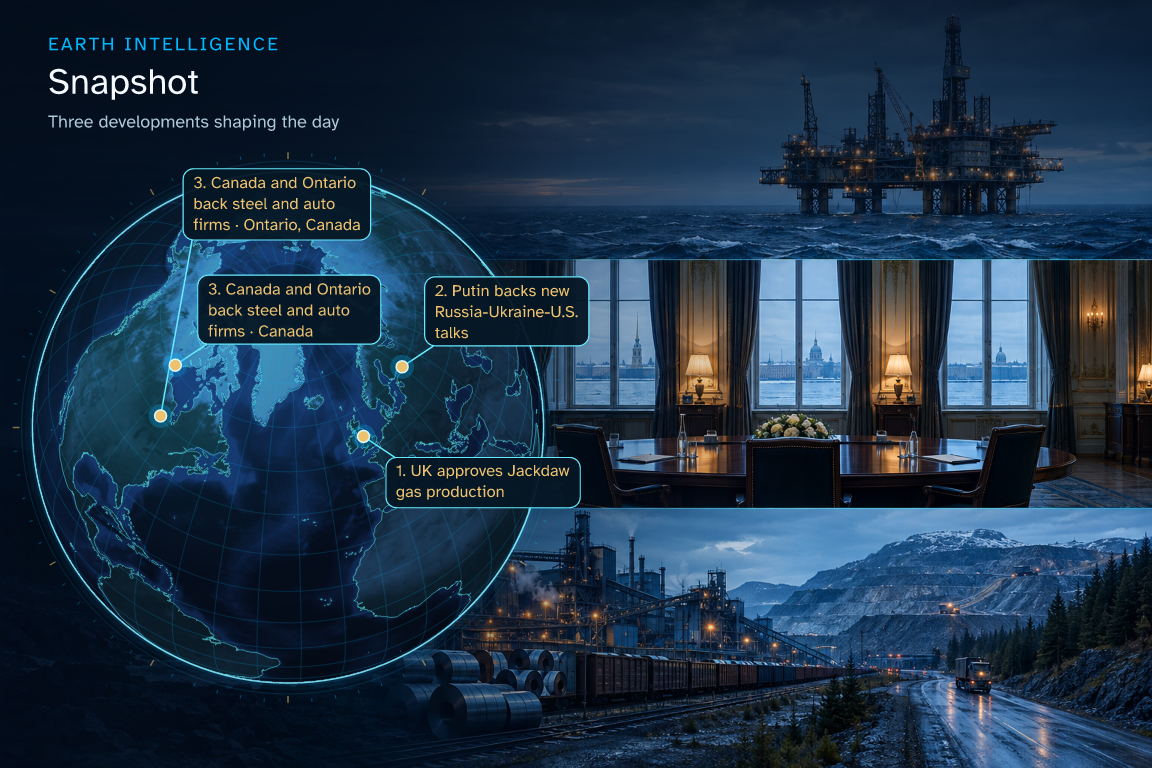 Three developments shaping the day · Geographic illustration: United Kingdom · event location; St.  Petersburg, Russia; Ontario, Canada · event location; Canada · event location · AI-generated event artwork