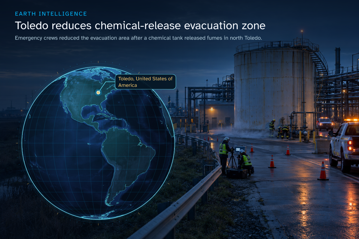 Emergency crews reduced the evacuation area after a chemical tank released fumes in north Toledo. · Geographic illustration: Toledo, United States of America · AI-generated event artwork