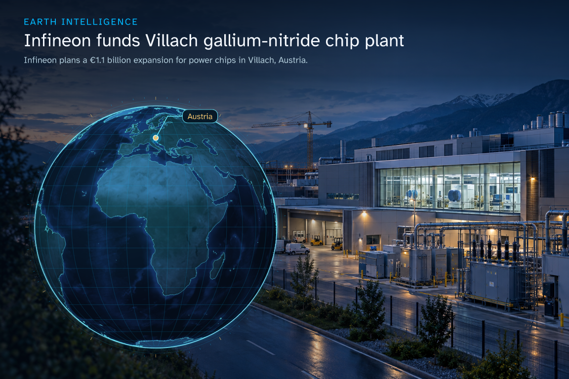 Infineon plans a €1.1 billion expansion for power chips in Villach, Austria. · Geographic illustration: Austria · event location · AI-generated event artwork