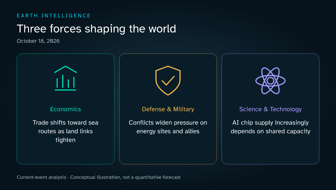 Three current themes: Trade shifts toward sea routes as land links tighten; Conflicts widen pressure on energy sites and allies; AI chip supply increasingly depends on shared capacity. Conceptual illustration, not a data chart.