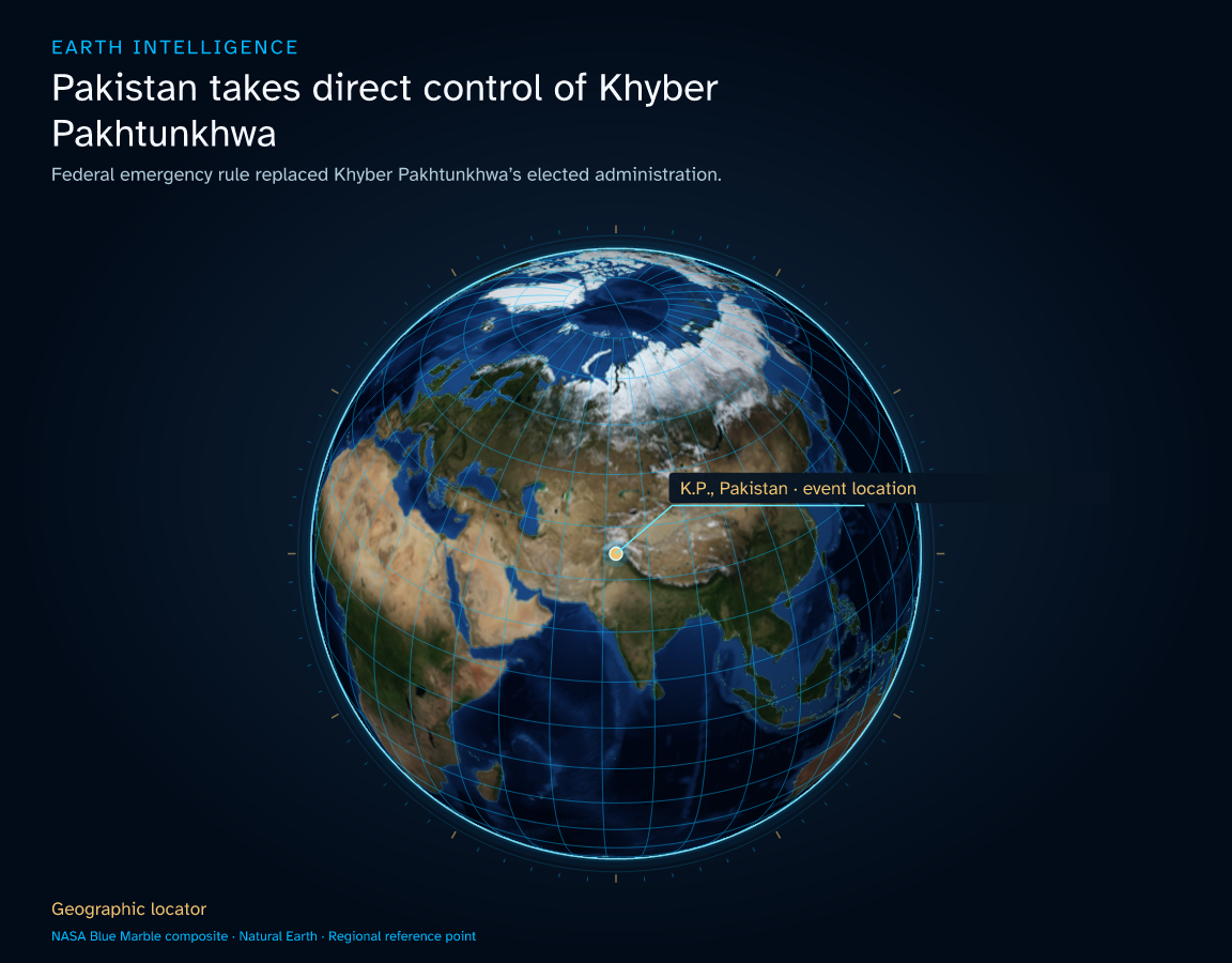 Federal emergency rule replaced Khyber Pakhtunkhwa’s elected administration. · Geographic illustration: K.P., Pakistan · event location
