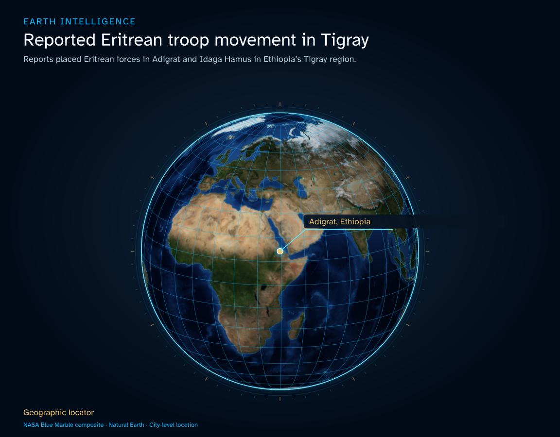 Reports placed Eritrean forces in Adigrat and Idaga Hamus in Ethiopia’s Tigray region. · Geographic illustration: Adigrat, Ethiopia