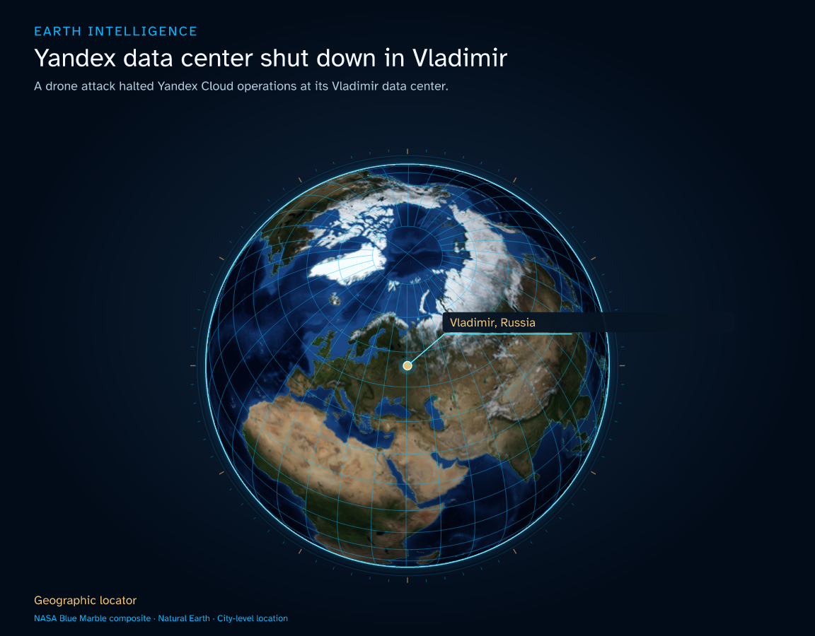 A drone attack halted Yandex Cloud operations at its Vladimir data center. · Geographic illustration: Vladimir, Russia