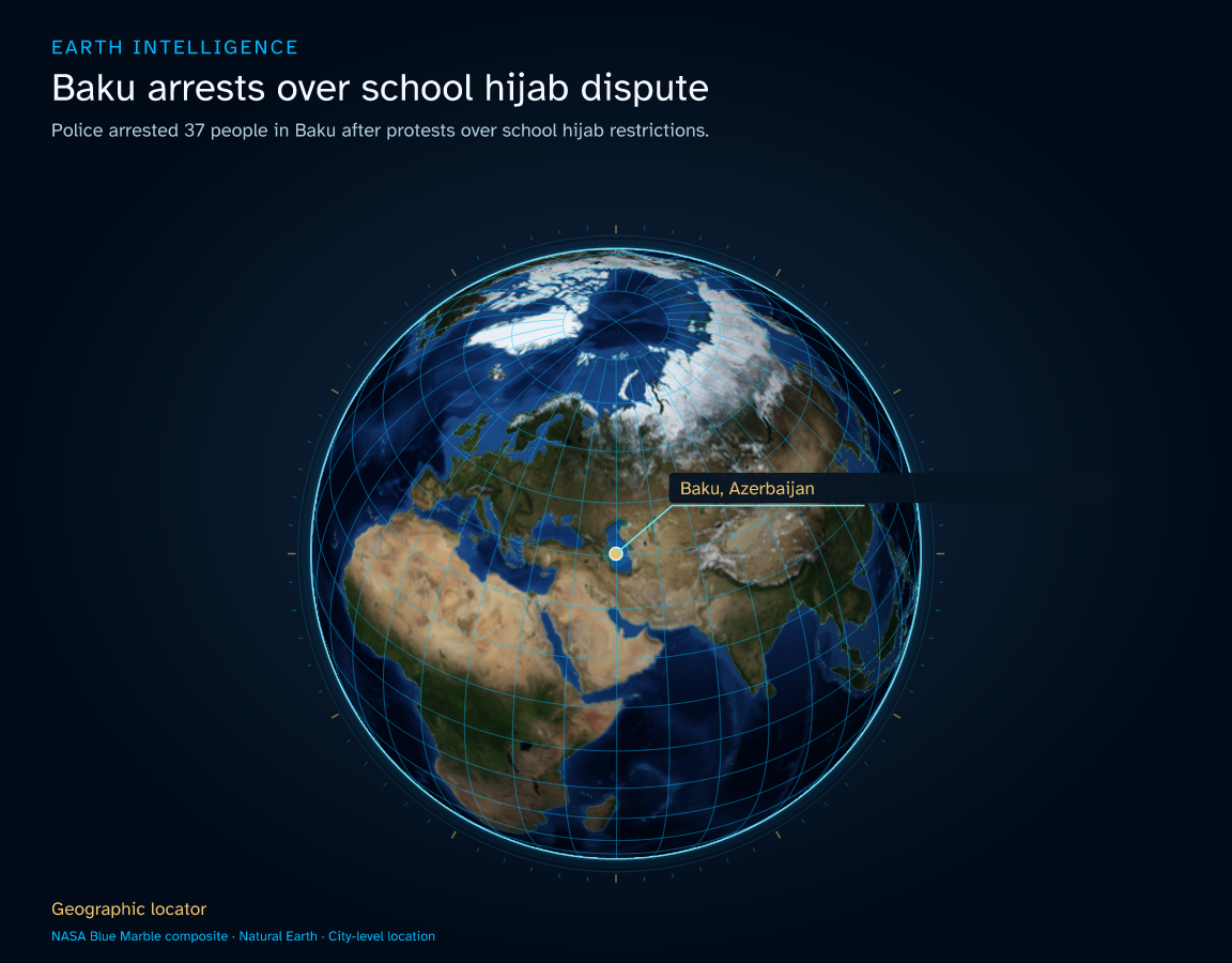 Police arrested 37 people in Baku after protests over school hijab restrictions. · Geographic illustration: Baku, Azerbaijan