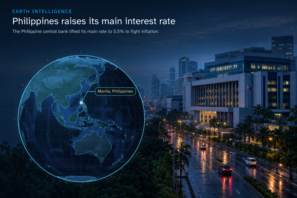The Philippine central bank lifted its main rate to 5.5% to fight inflation. · Geographic illustration: Manila, Philippines · AI-generated event artwork