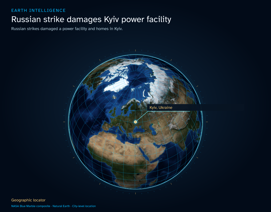Russian strikes damaged a power facility and homes in Kyiv. · Geographic illustration: Kyiv, Ukraine