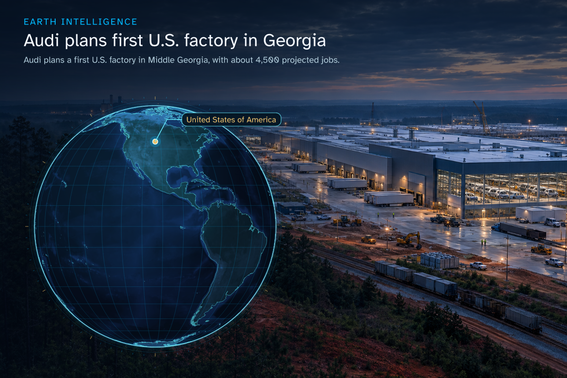 Audi plans a first U.S. factory in Middle Georgia, with about 4,500 projected jobs. · Geographic illustration: United States of America · event location · AI-generated event artwork