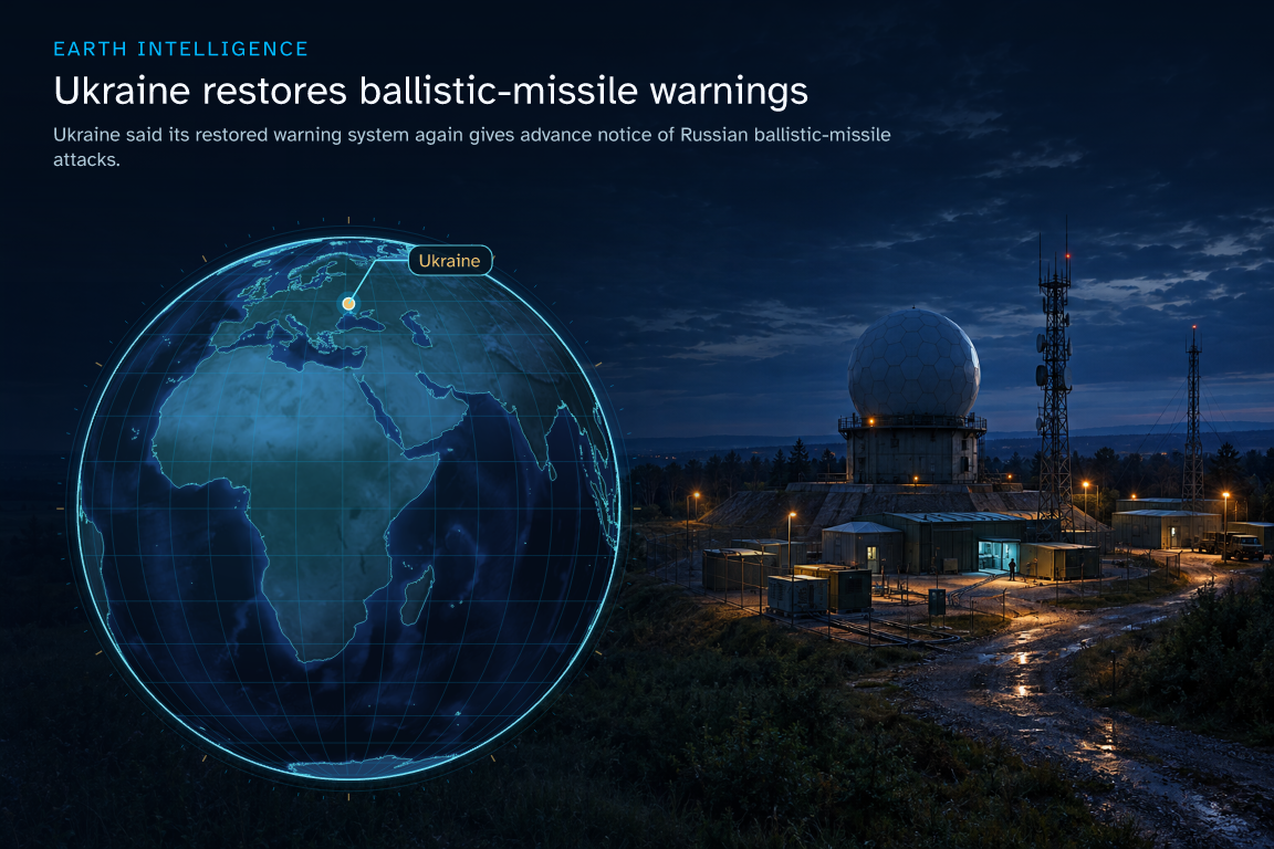 Ukraine said its restored warning system again gives advance notice of Russian ballistic-missile attacks. · Geographic illustration: Ukraine · event location · AI-generated event artwork