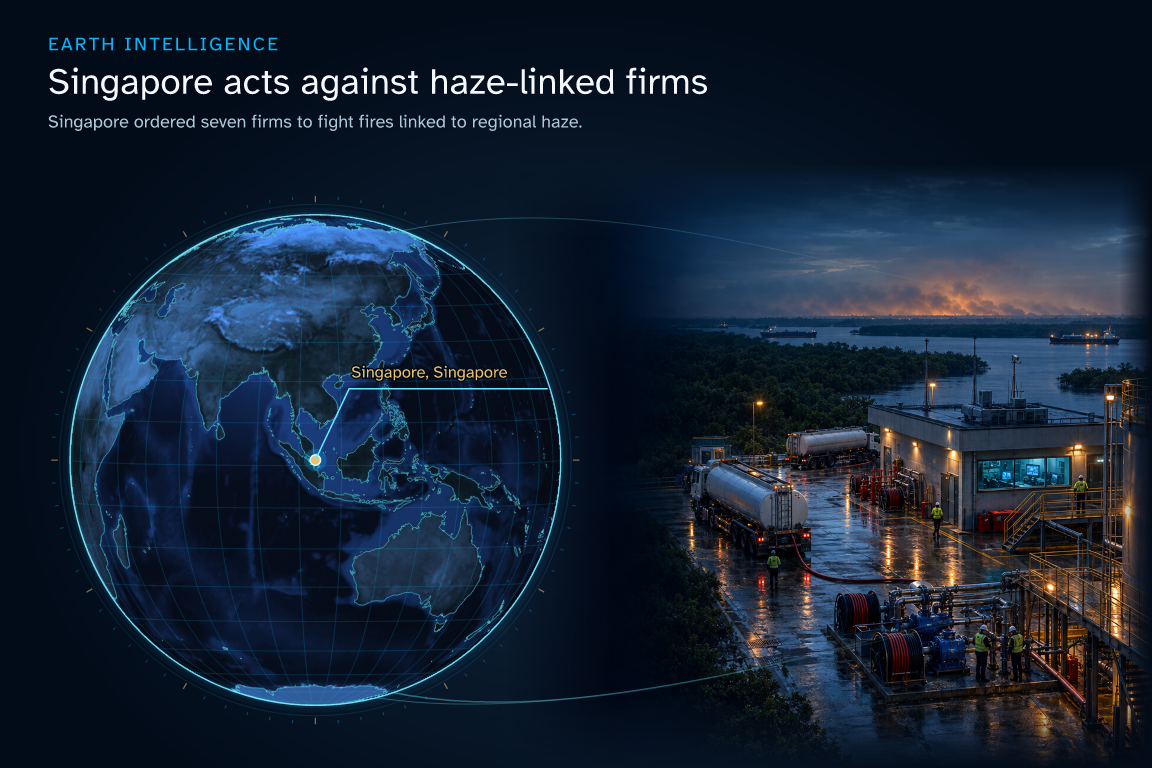 Singapore ordered seven firms to fight fires linked to regional haze. · Geographic illustration: Singapore, Singapore · AI-generated event artwork