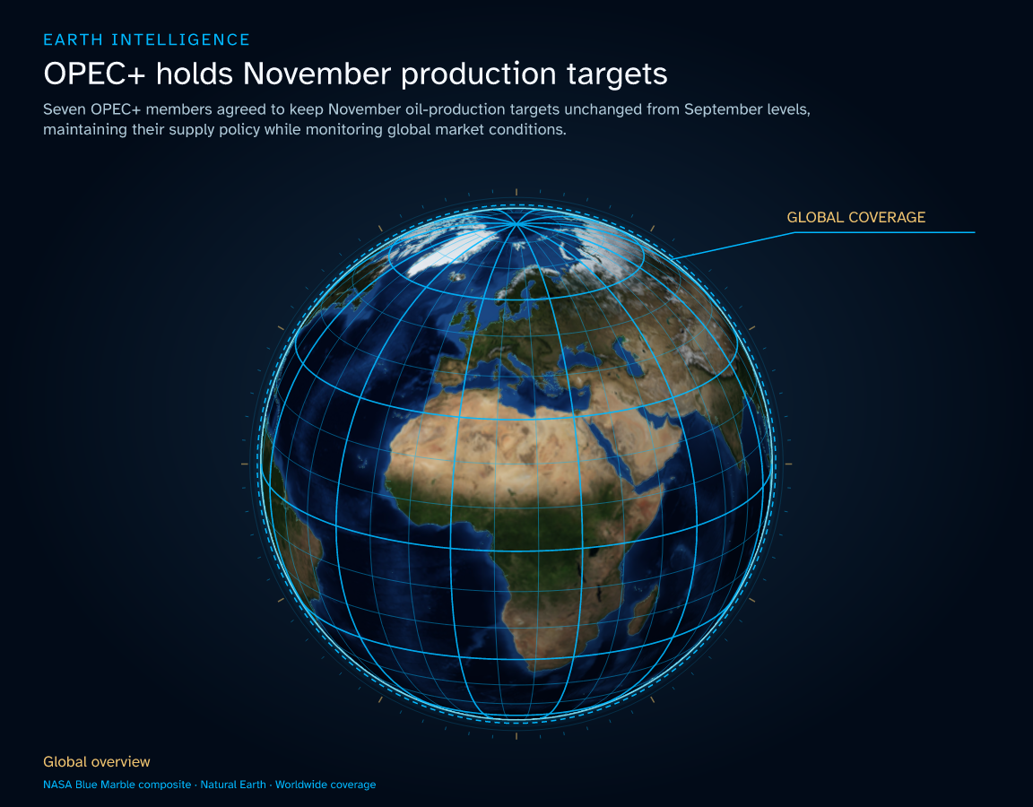 Seven OPEC+ members agreed to keep November oil-production targets unchanged from September levels, maintaining their supply policy while monitoring global market conditions. · Geographic illustration: Global overview
