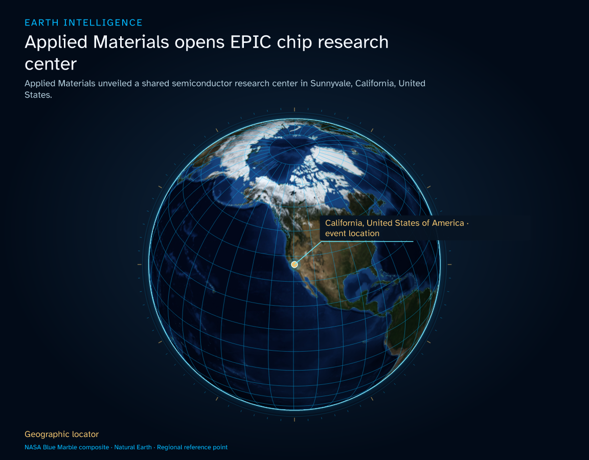 Applied Materials unveiled a shared semiconductor research center in Sunnyvale, California, United States. · Geographic illustration: California, United States of America · event location