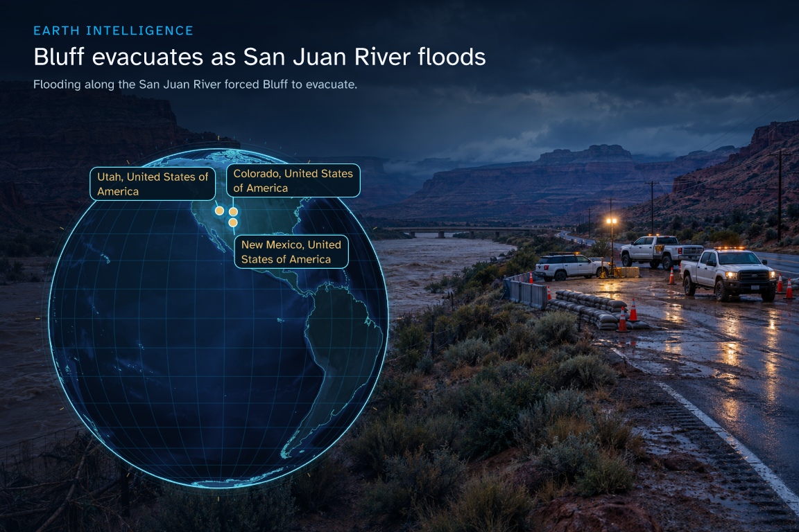 Flooding along the San Juan River forced Bluff to evacuate. · Geographic illustration: Utah, United States of America · event location; Colorado, United States of America · event location; New Mexico, United States of America · event location · AI-generated event artwork