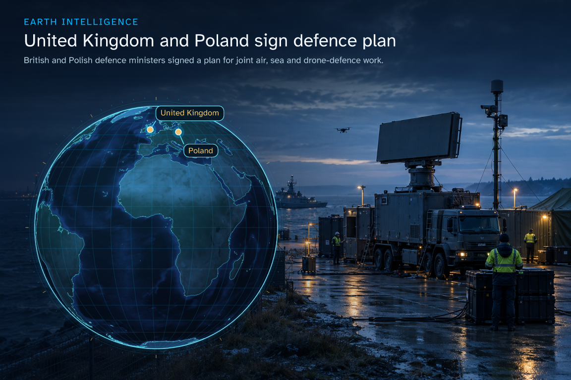 British and Polish defence ministers signed a plan for joint air, sea and drone-defence work. · Geographic illustration: United Kingdom · event location; Poland · event location · AI-generated event artwork