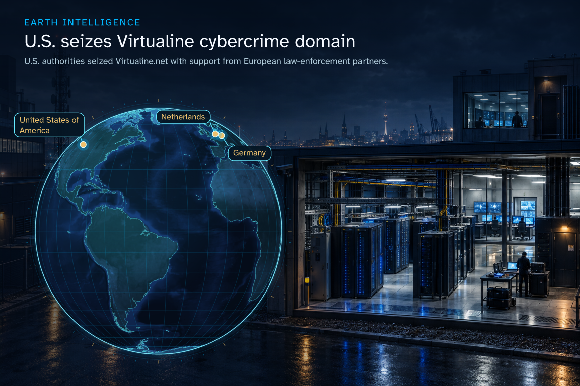 U.S. authorities seized Virtualine.net with support from European law-enforcement partners. · Geographic illustration: United States of America · event location; Germany · event location; Netherlands · event location · AI-generated event artwork
