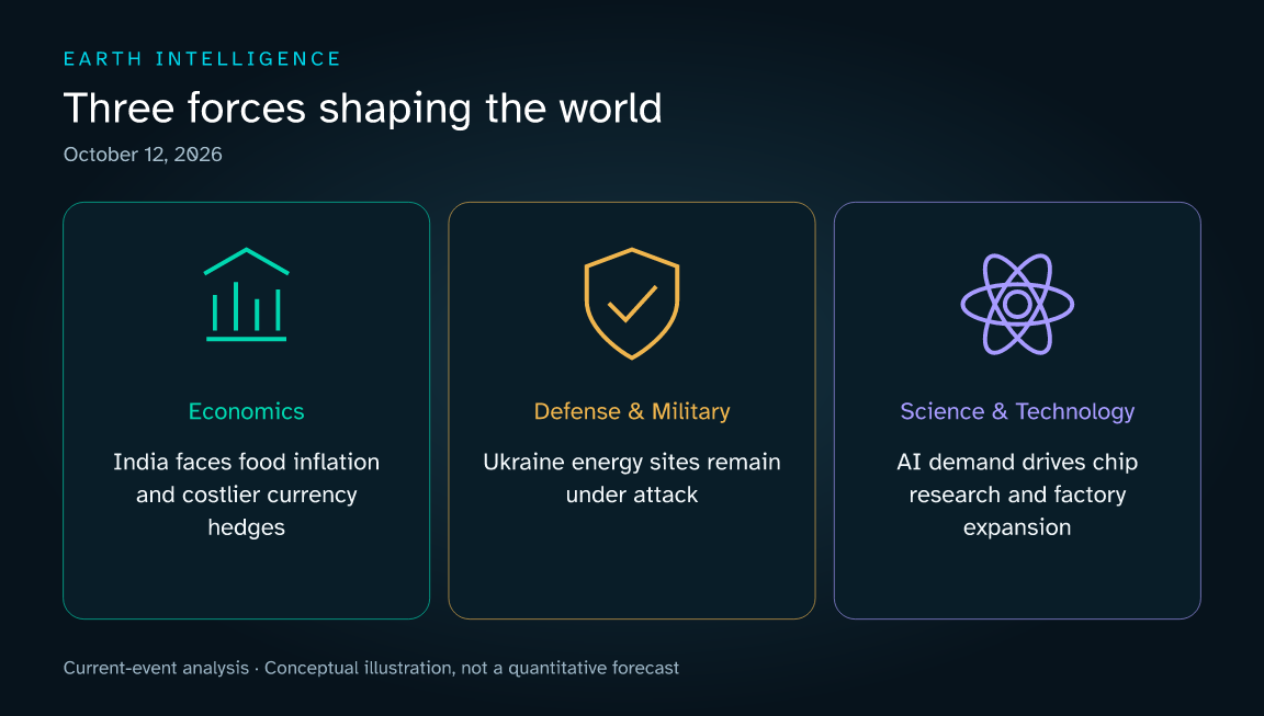 Three current themes: India faces food inflation and costlier currency hedges; Ukraine energy sites remain under attack; AI demand drives chip research and factory expansion. Conceptual illustration, not a data chart.