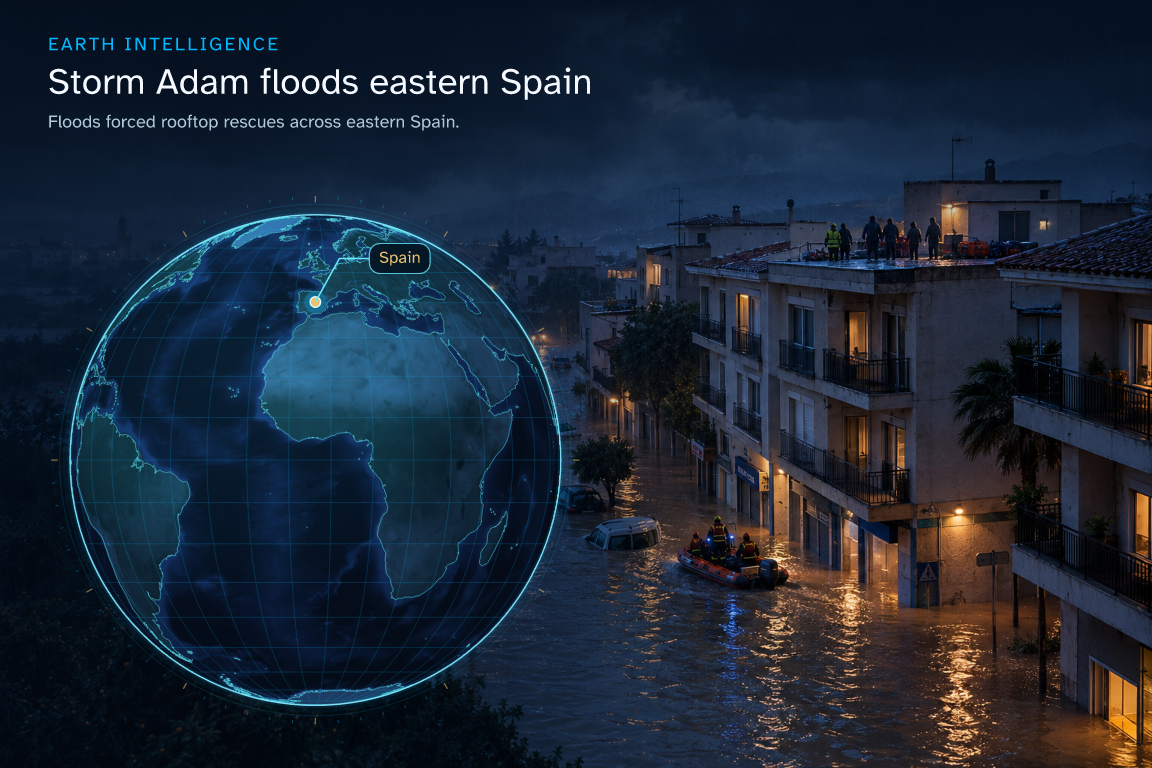 Floods forced rooftop rescues across eastern Spain. · Geographic illustration: Spain · event location · AI-generated event artwork