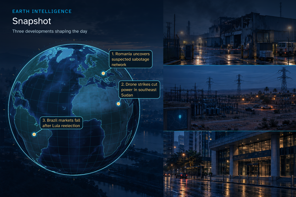 Three developments shaping the day · Geographic illustration: Romania · event location; Sudan · event location; Brazil · event location · AI-generated event artwork