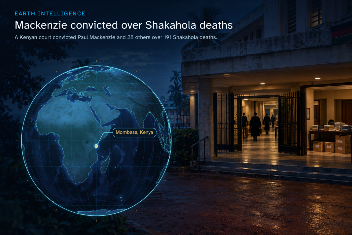 A Kenyan court convicted Paul Mackenzie and 28 others over 191 Shakahola deaths. · Geographic illustration: Mombasa, Kenya · AI-generated event artwork