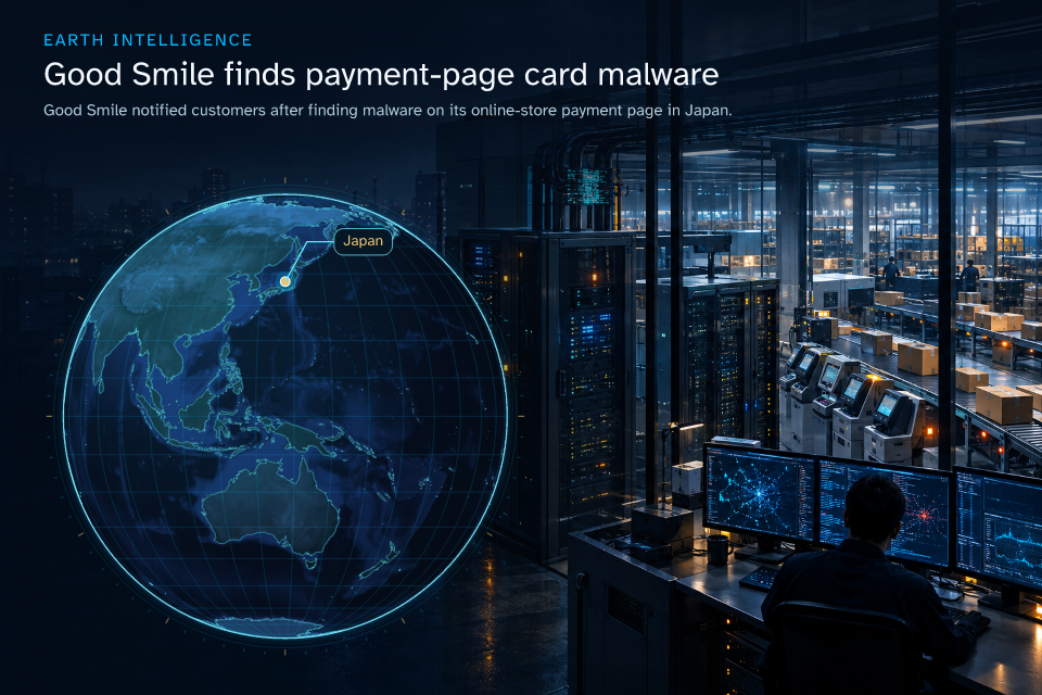 Good Smile notified customers after finding malware on its online-store payment page in Japan. · Geographic illustration: Japan · event location · AI-generated event artwork