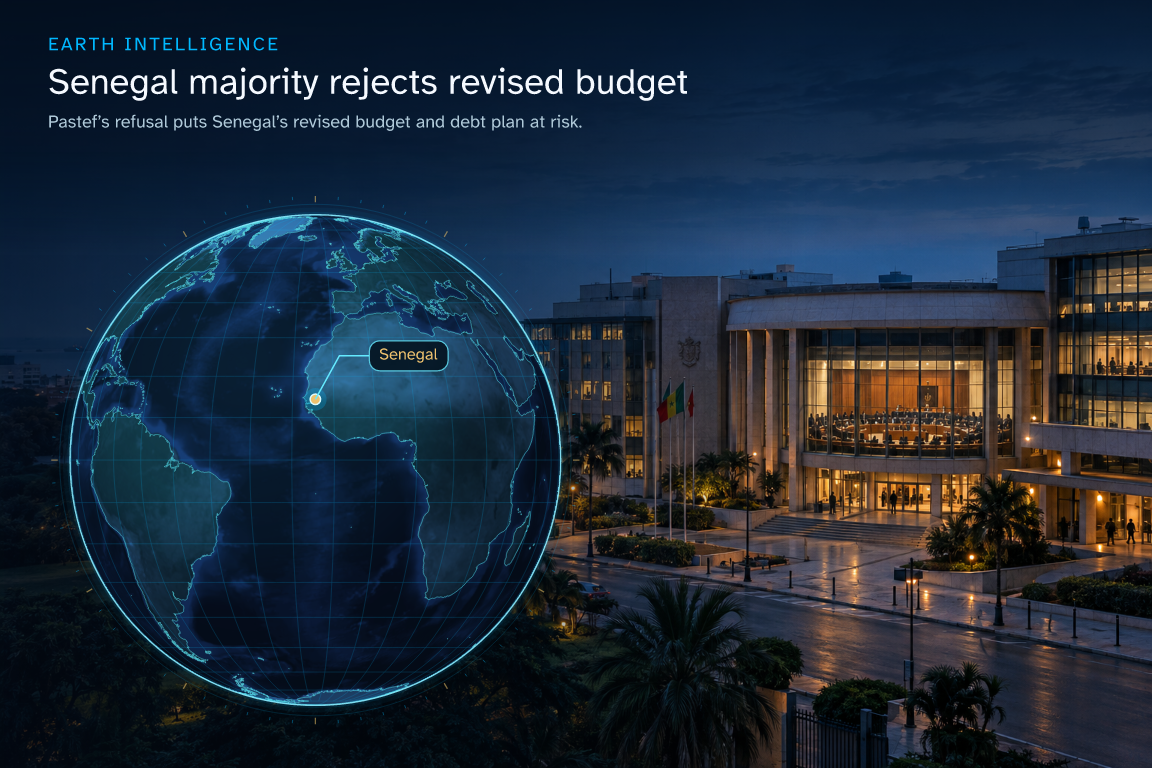Pastef’s refusal puts Senegal’s revised budget and debt plan at risk. · Geographic illustration: Senegal · event location · AI-generated event artwork