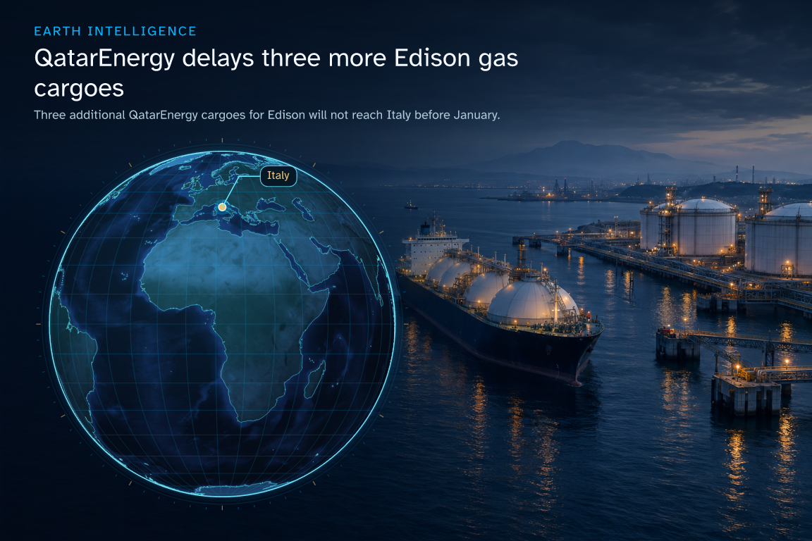 Three additional QatarEnergy cargoes for Edison will not reach Italy before January. · Geographic illustration: Italy · event location · AI-generated event artwork