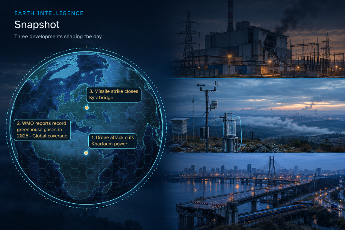 Three developments shaping the day · Geographic illustration: Sudan · event location; Global overview; Kyiv, Ukraine · AI-generated event artwork