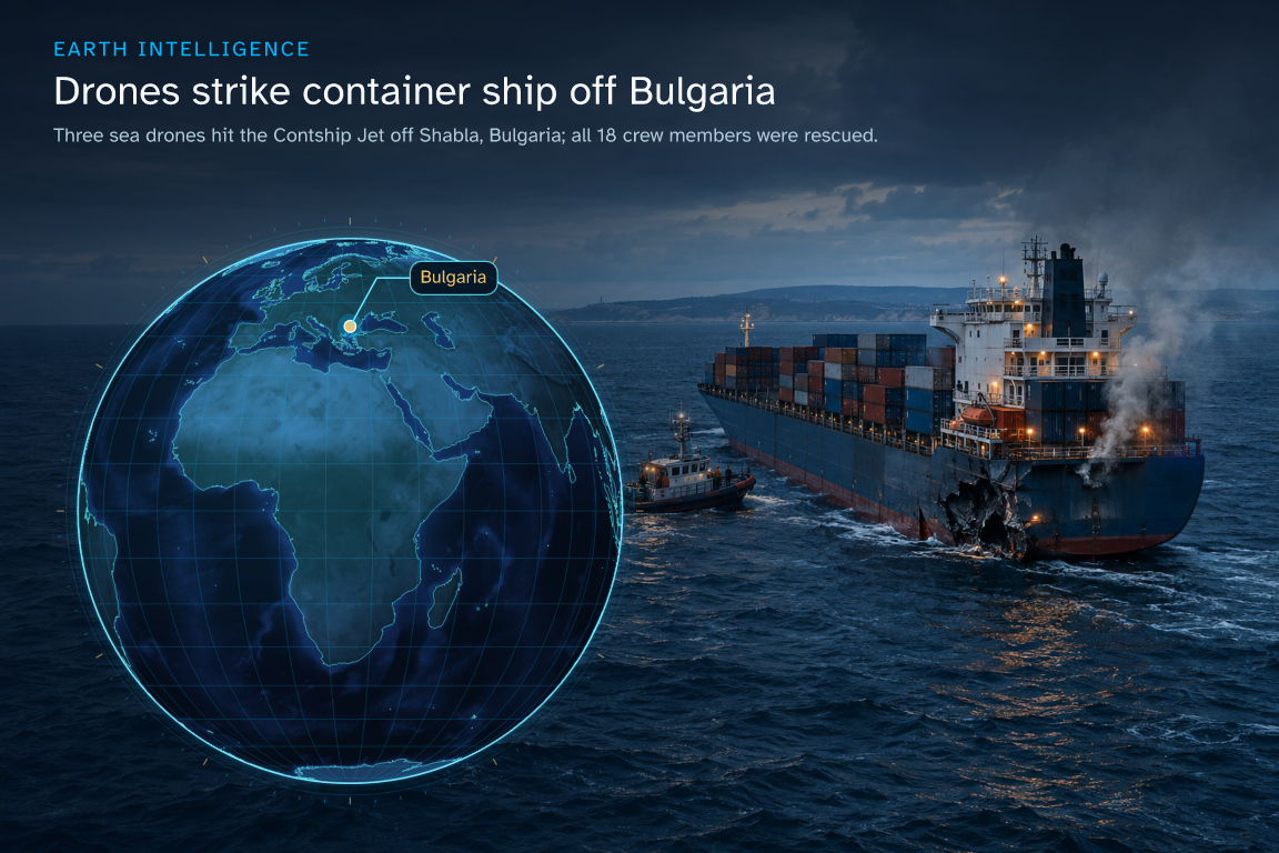 Three sea drones hit the Contship Jet off Shabla, Bulgaria; all 18 crew members were rescued. · Geographic illustration: Bulgaria · event location · AI-generated event artwork
