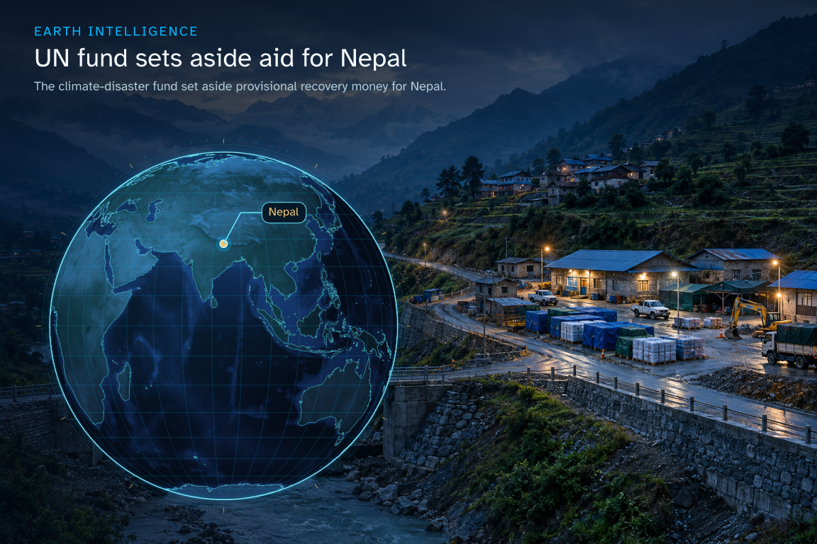 The climate-disaster fund set aside provisional recovery money for Nepal. · Geographic illustration: Nepal · event location · AI-generated event artwork