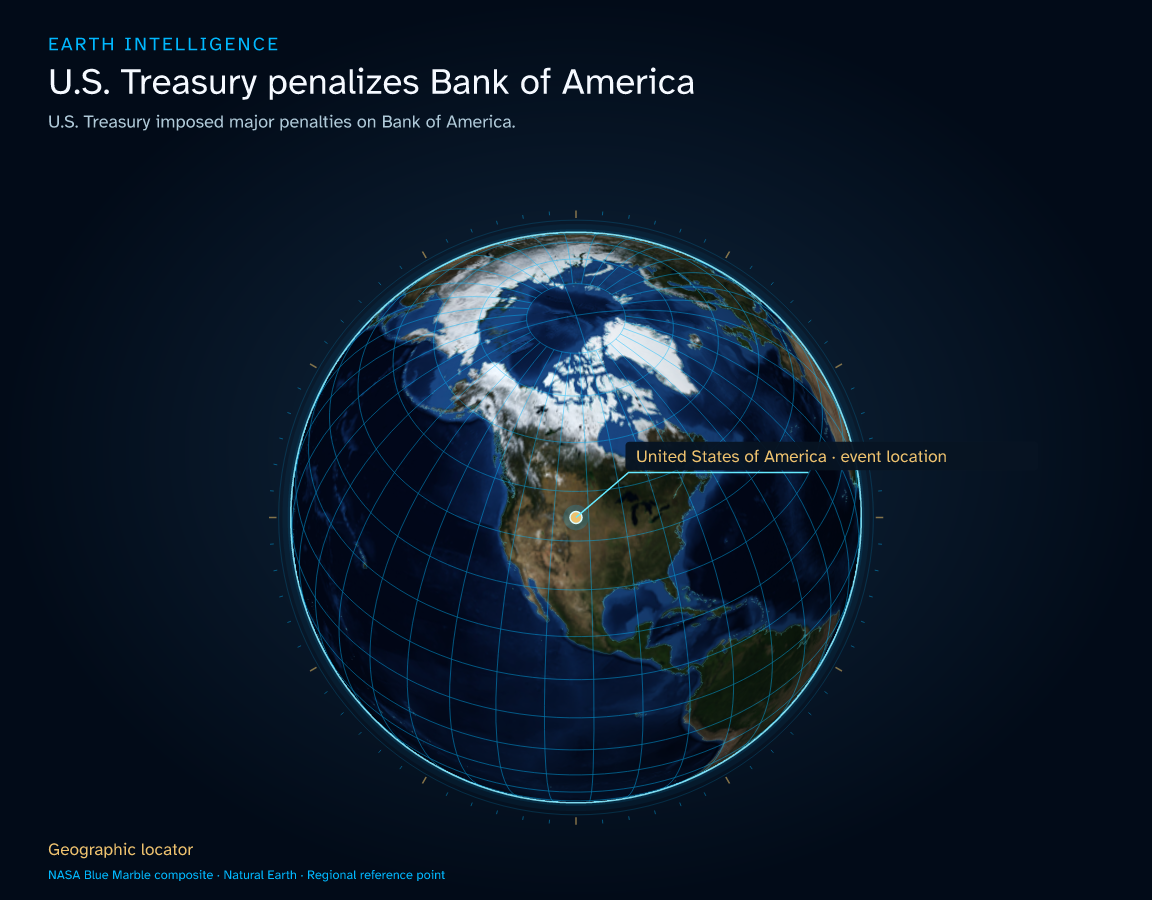 U.S. Treasury imposed major penalties on Bank of America. · Geographic illustration: United States of America · event location