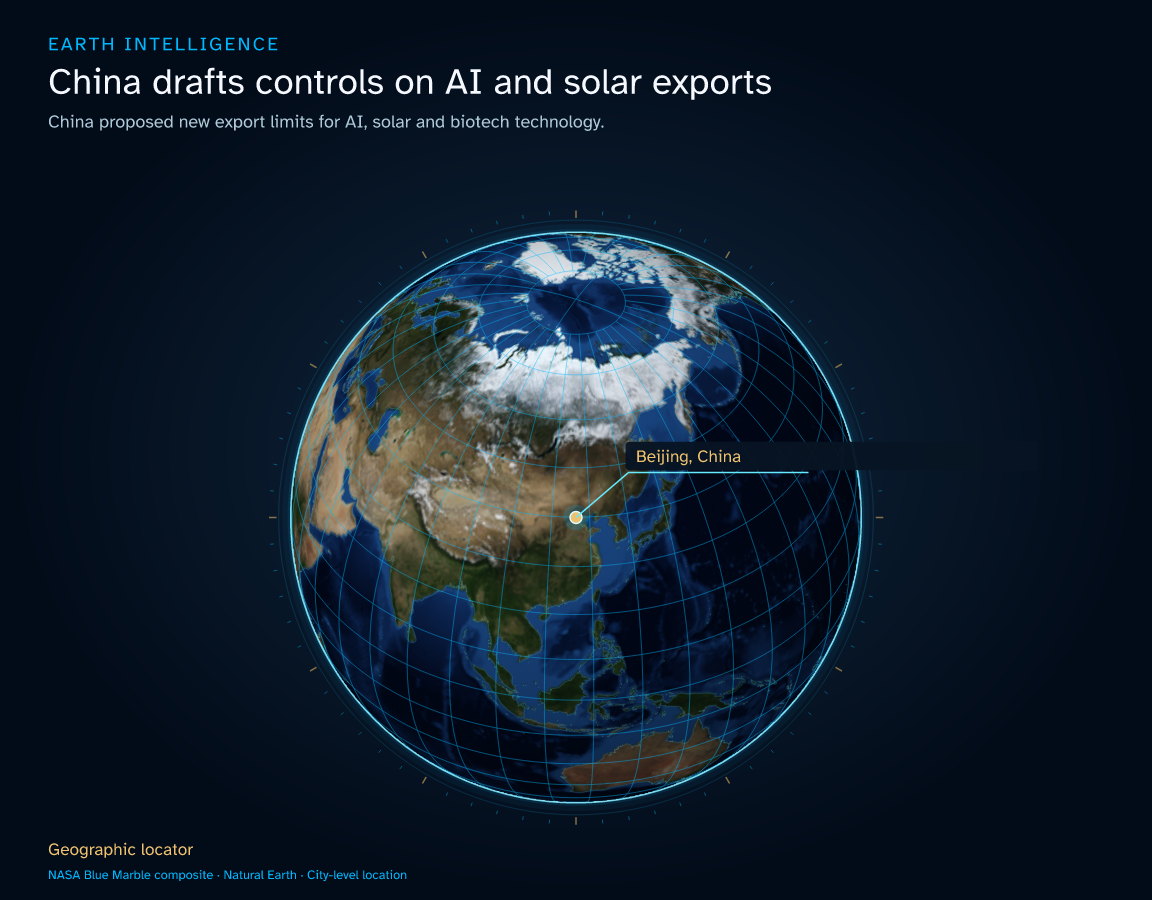 China proposed new export limits for AI, solar and biotech technology. · Geographic illustration: Beijing, China