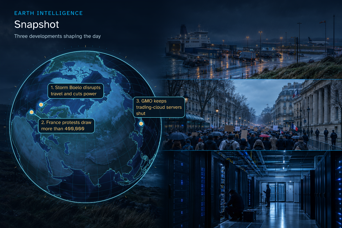 Three developments shaping the day · Geographic illustration: Ireland · event location; France · event location; Japan · event location · AI-generated event artwork