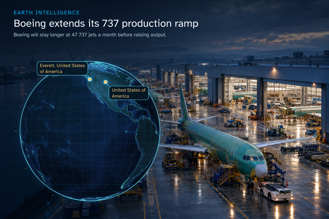 Boeing will stay longer at 47 737 jets a month before raising output. · Geographic illustration: Everett, United States of America; United States of America · event location · AI-generated event artwork