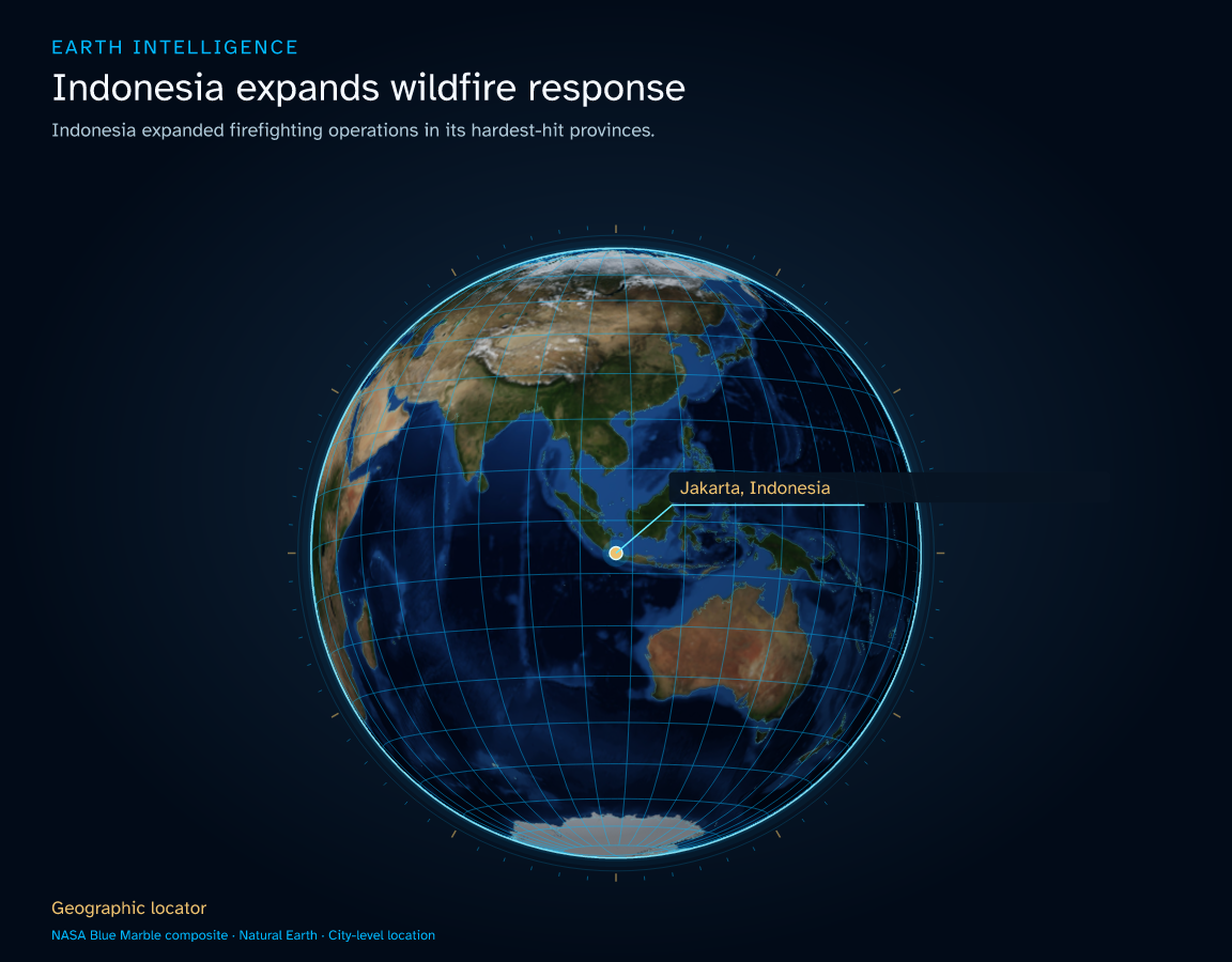 Indonesia expanded firefighting operations in its hardest-hit provinces. · Geographic illustration: Jakarta, Indonesia