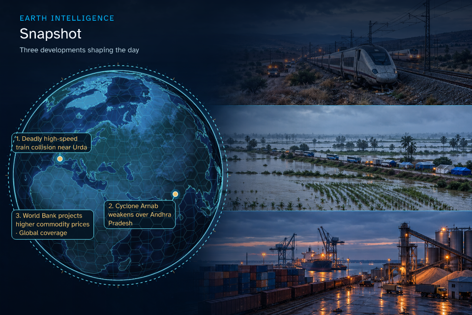 Three developments shaping the day · Geographic illustration: Spain · event location; India · event location; Global overview · AI-generated event artwork