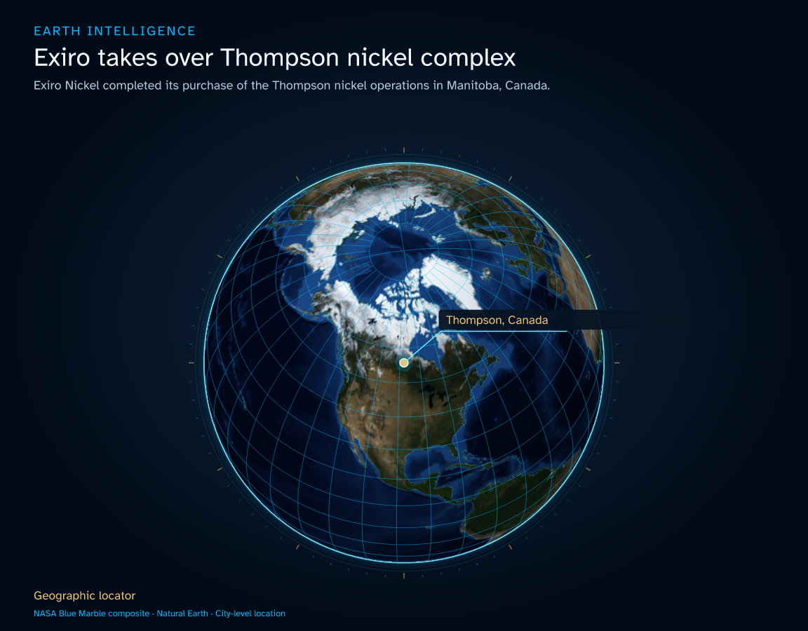 Exiro Nickel completed its purchase of the Thompson nickel operations in Manitoba, Canada. · Geographic illustration: Thompson, Canada