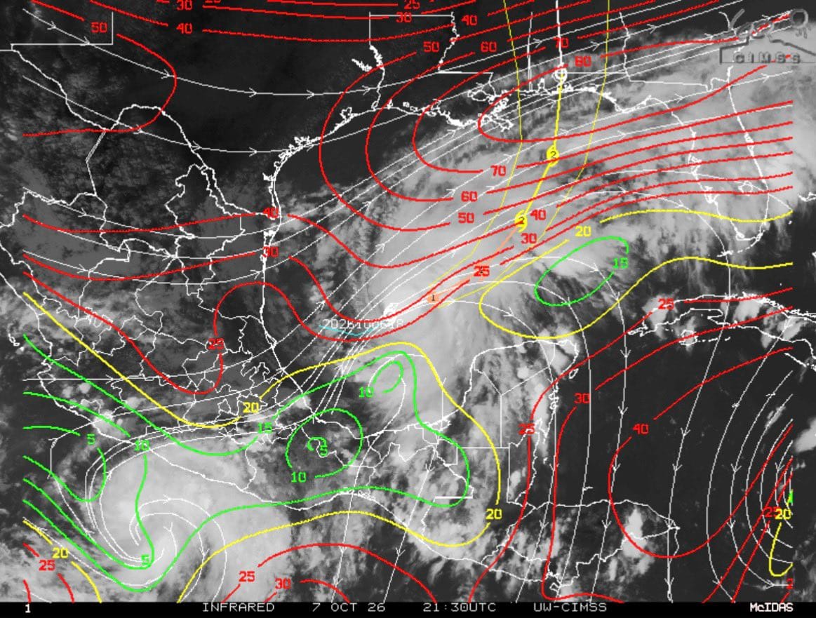 Infrared satellite image of Tropical Storm Isaias over the Gulf of Mexico