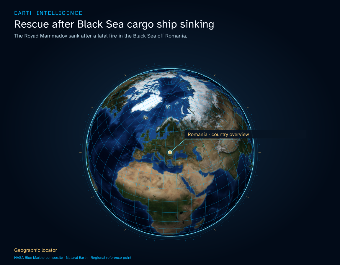 The Royad Mammadov sank after a fatal fire in the Black Sea off Romania. · Geographic illustration: Romania · country overview