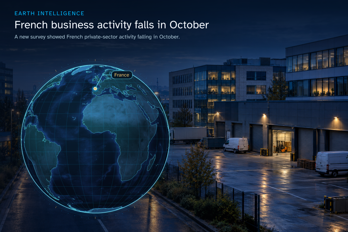 A new survey showed French private-sector activity falling in October. · Geographic illustration: France · event location · AI-generated event artwork